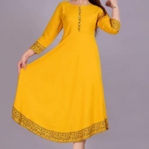 Women Solid Viscose Rayon Flared Kurta  (Yellow) Product Code 06-LE 5 (BUY 1 GET 7 FREE)